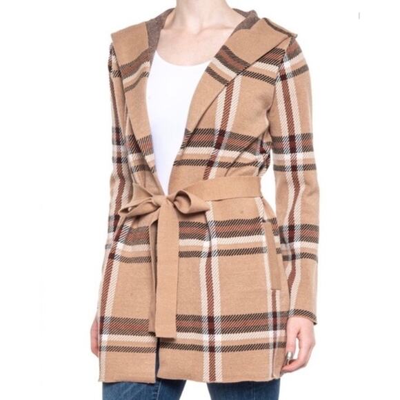 Tahari Cardigan Sweater Size XL Tan Brown Plaid Belted Duster Jacket Womens - Picture 8 of 8